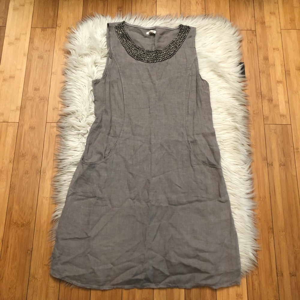 Lina Tomei Italy Beaded Embellished 100% Linen Sleeveless Grey Shift Dress M